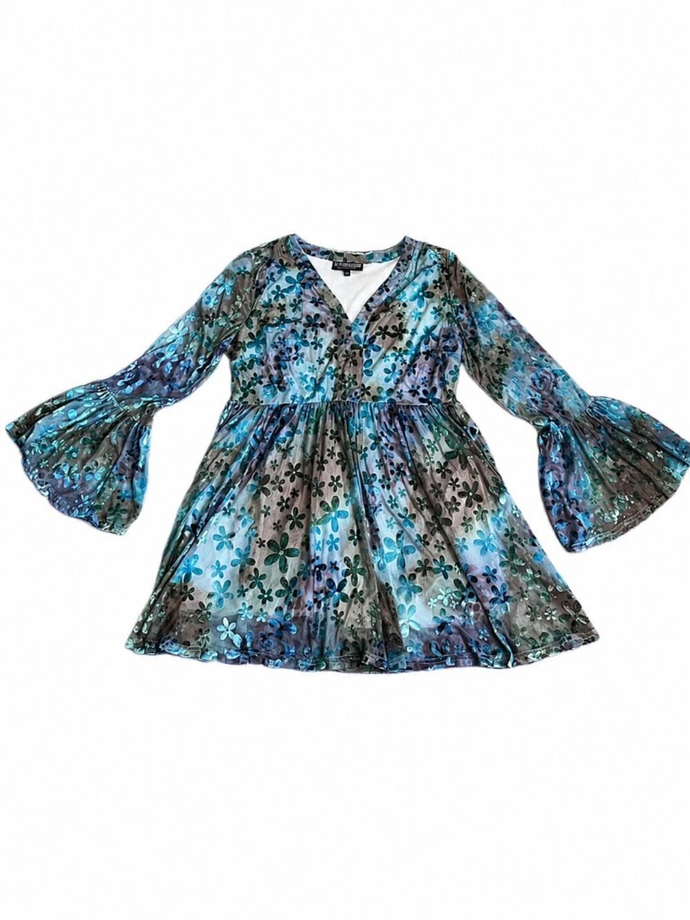 Pyramid Collection Floral Velvet Burnout Short Tunic Green Bell Sleeves Multi